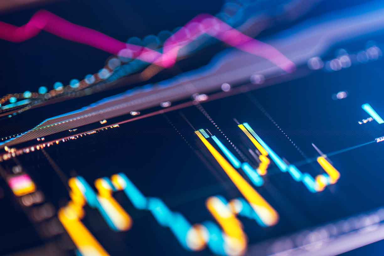 graphs stacked at angle with purple blue and yellow