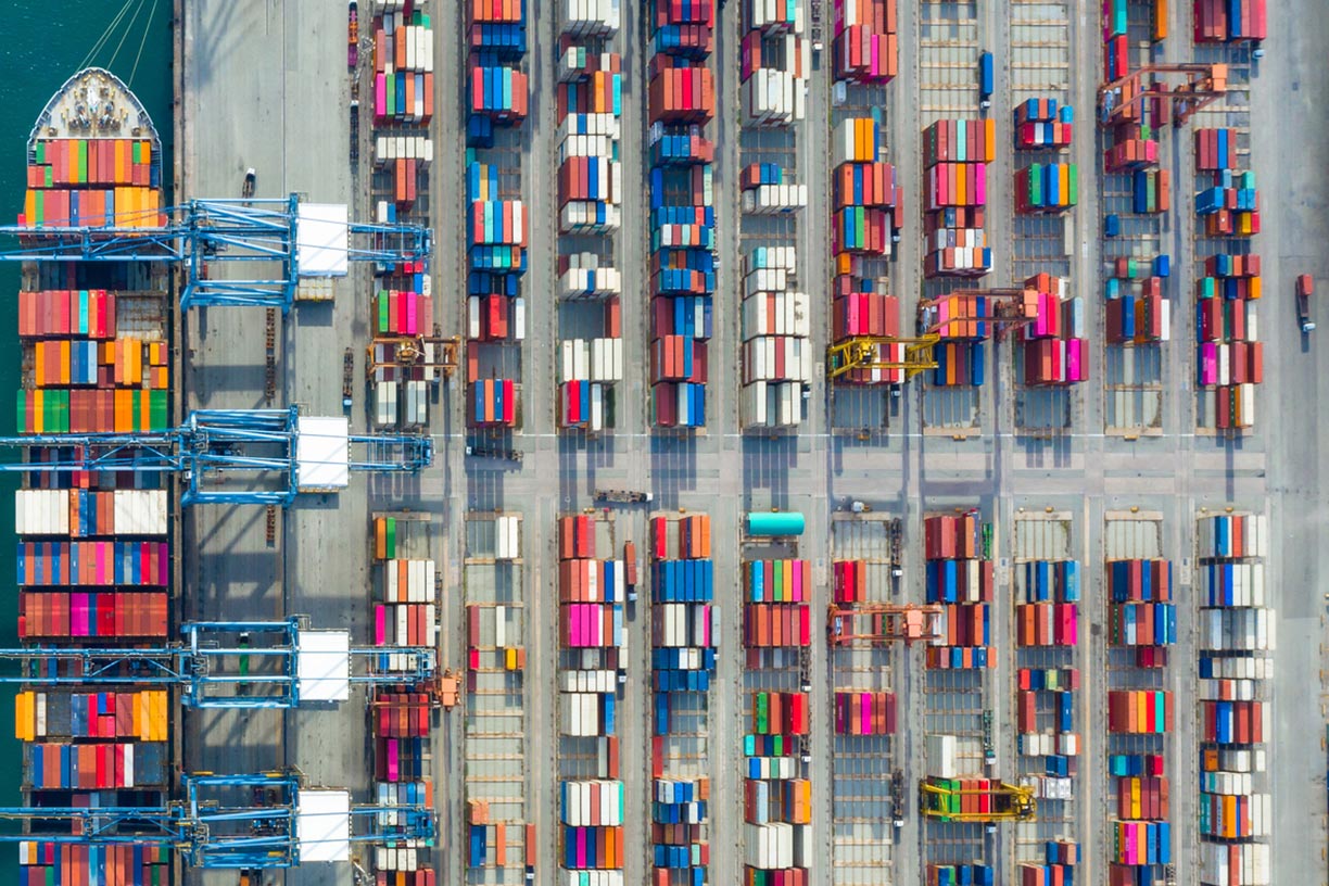 Aerial view of cargo containers on ship