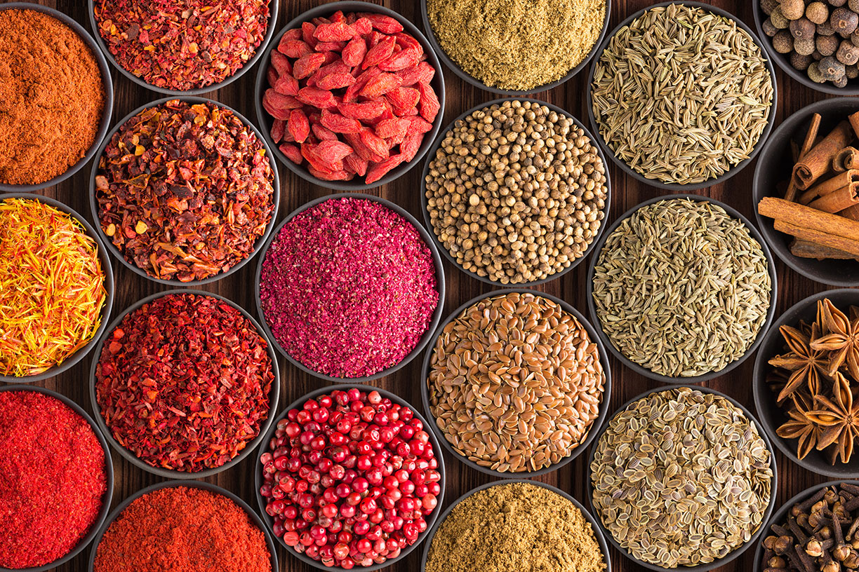 Bowls of red and neutral spices