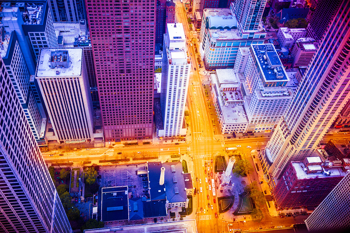Overhead view of city at night