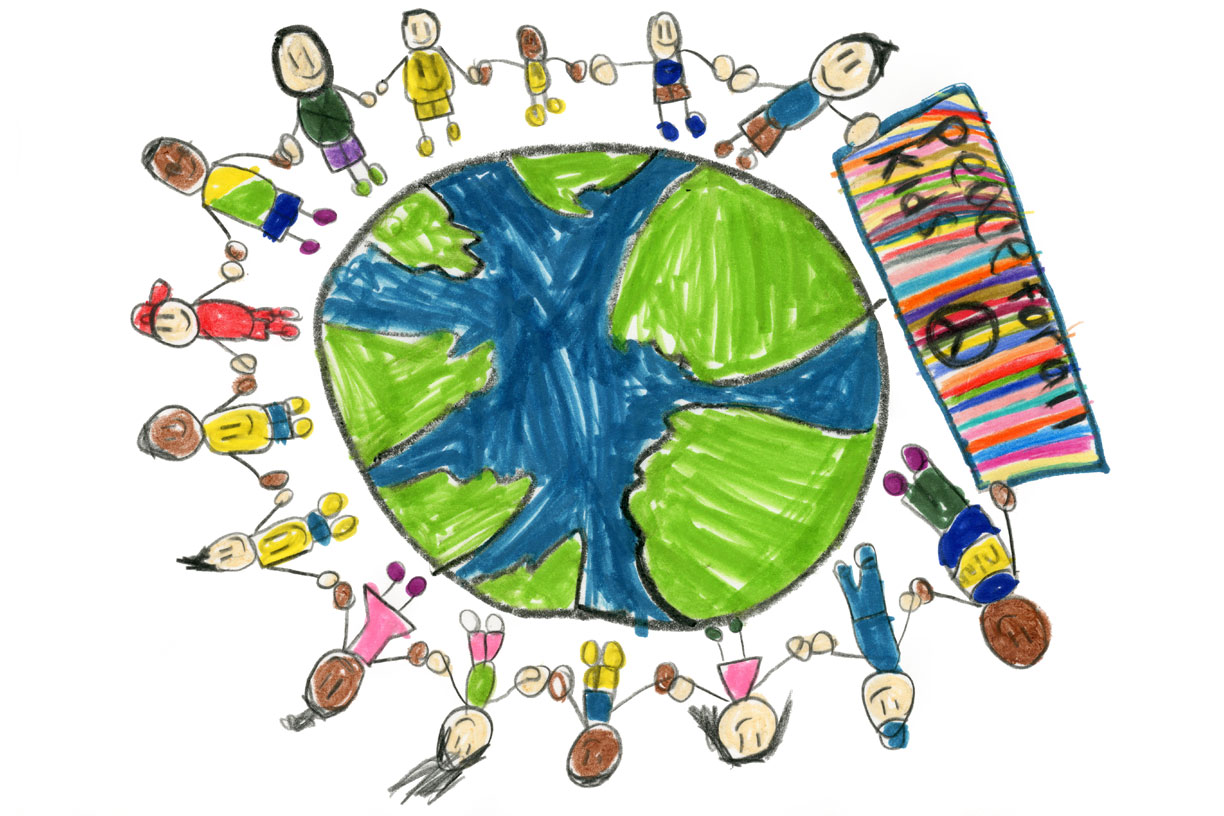 Child artwork of globe and kids