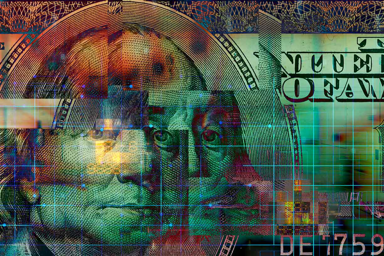 pixilated US hundred-dollar bill detail