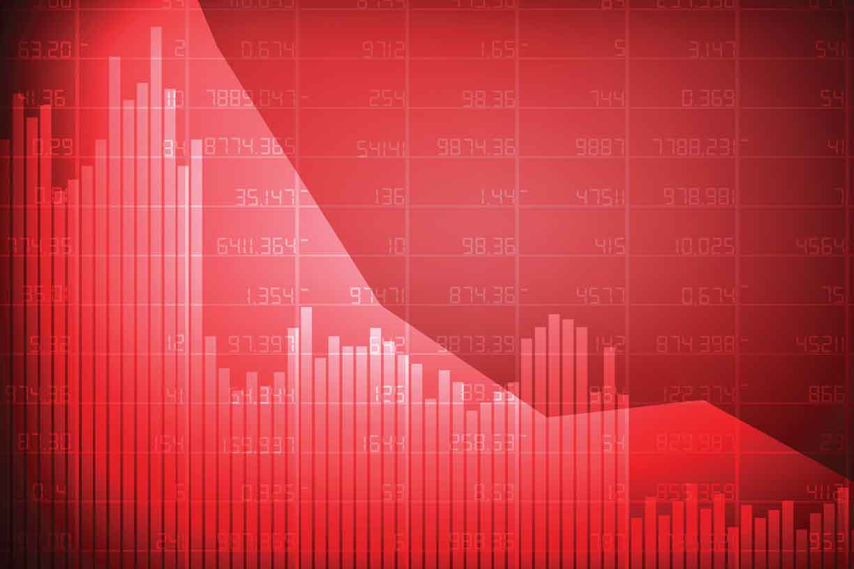red graphic with bar chart line graph and table with numeric values