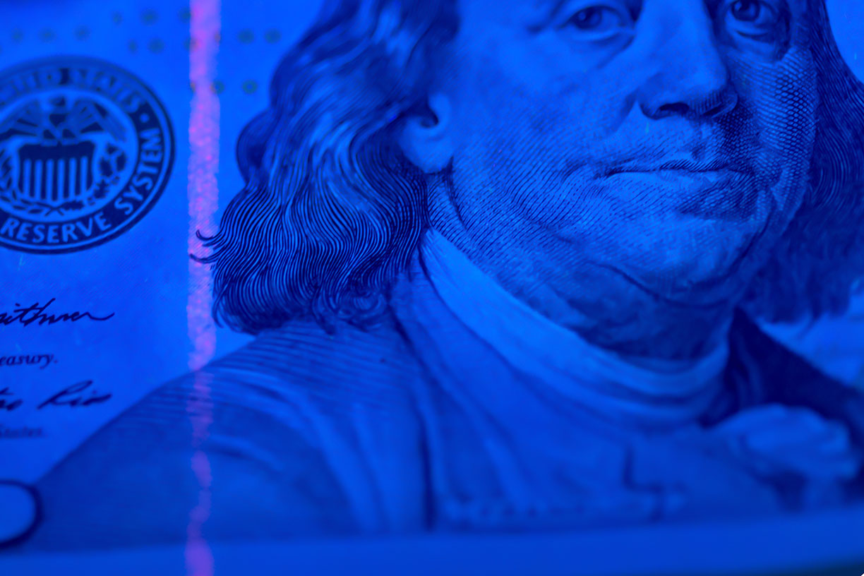 US currency under UV light