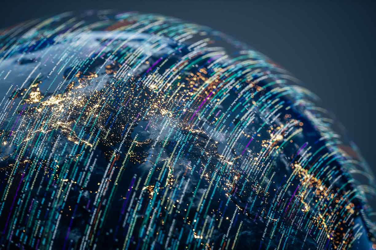 Conceptual image of Earth with data streams and digital overlays