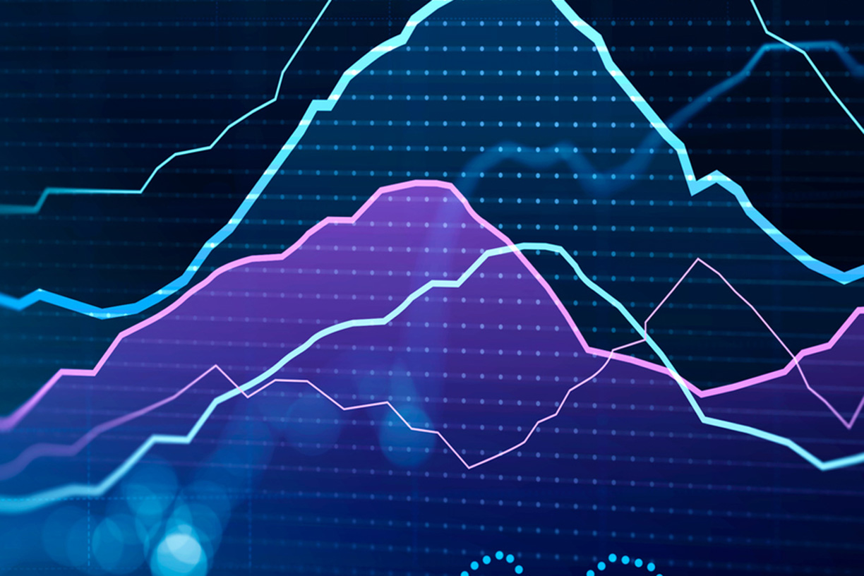 blue and purple lines graphs overlapping on dot grid