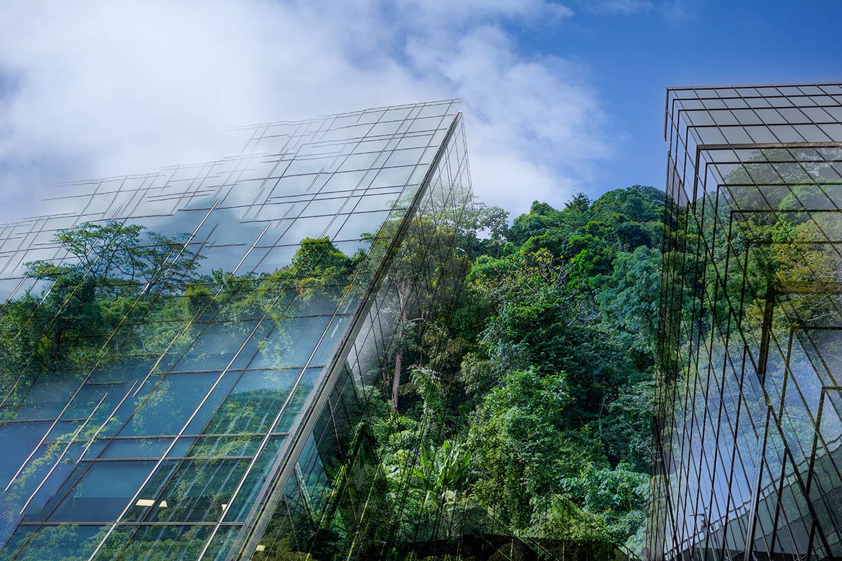 2 glass buildings with superimposed green tree tops