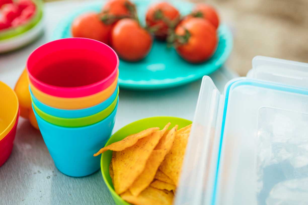 Colorful childrens cups and plates