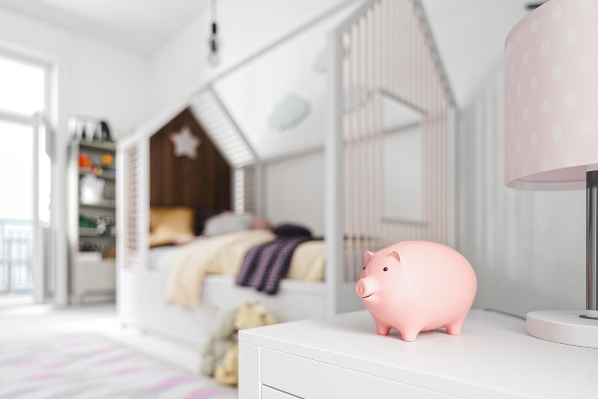 Piggy bank on table in kids room