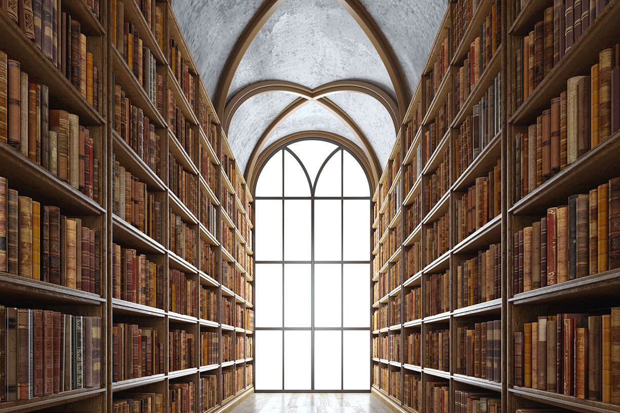 Antique library wall with books