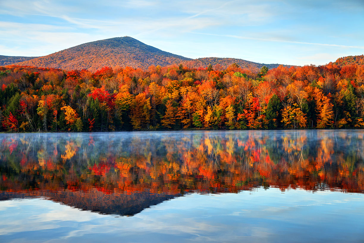 Autumn leaves reflecting on lake