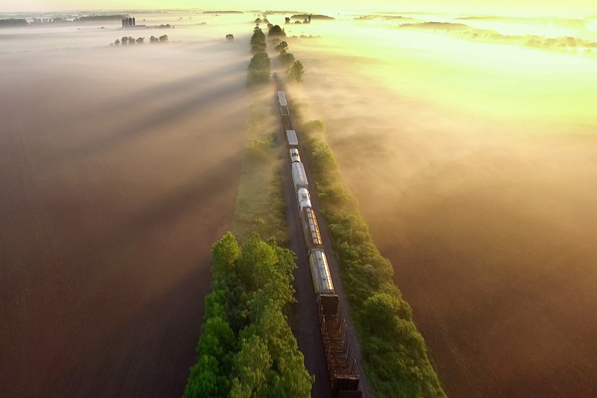 Train going through fog