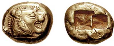 Image of ancient Lydian coin. The coin depicts the head of a roaring lion and a sun with multiple rays.