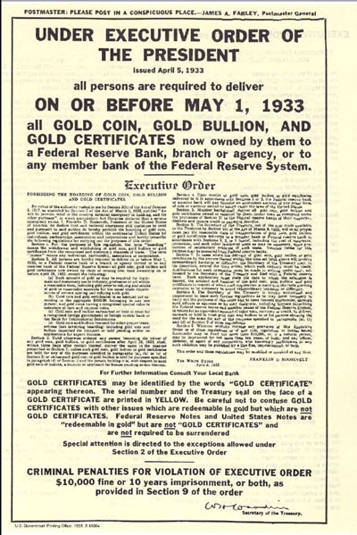 1933 Executive Order requiring surrender of all gold to a Federal Reserve Bank.