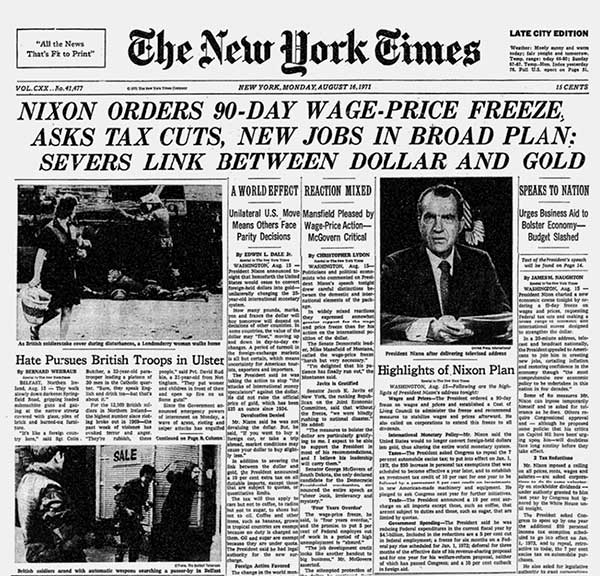 New York Times front page from August 16, 1971. The headline reads 