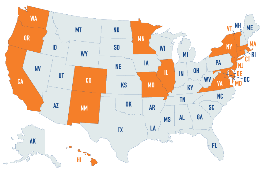 Map of the United States of America highlighting Washington, Oregon, California, Colorado, New Mexico, Minnesota, Missouri, Illinois, New York, Vermont, Massachusetts, Connecticut, New Jersey, Delaware, Maryland, Virginia and Hawaii.