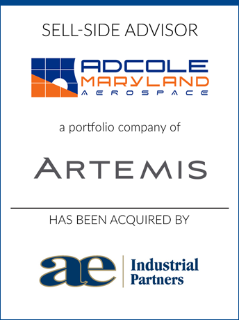 tombstone - sell-side transaction Artemis Capital Partners 2020 and Adcole Maryland Aerospace and ae industrial partners logo