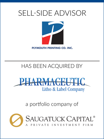 tombstone - sell-side transaction Plymouth Printing Pharmaceutic Saugatuck Capital logos